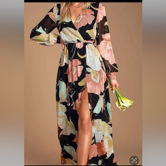 EUC Lulus Wondrous Water Lilies Black Floral High Slit Print Maxi Dress Size XS - Picture 5 of 16